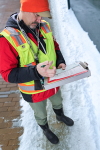 Person in a red jacket, yellow safety vest, and orange hat writes on a clipboard while standing on a snowy sidewalk, conveying focus and dedication.