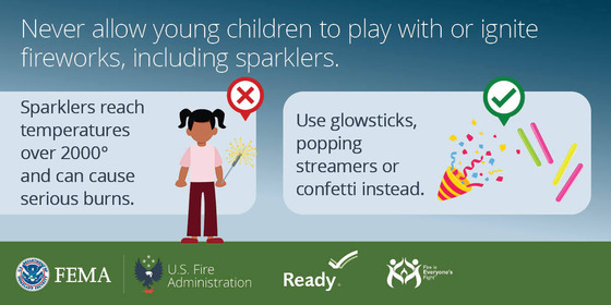  Infographic warning against children playing with fireworks. Left side: child with sparkler and "x" symbol. Right: glowsticks and confetti with a "check" symbol.